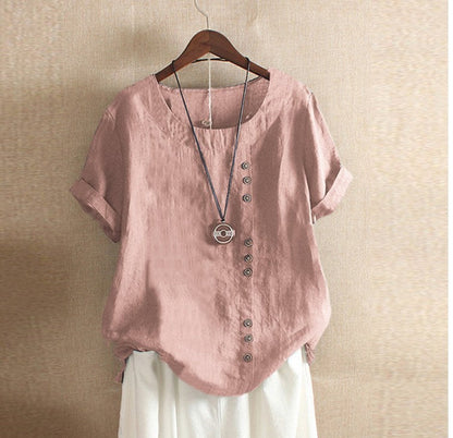 Dame Vintage sommerbluse, kortærmet med rund hals & knaplukning