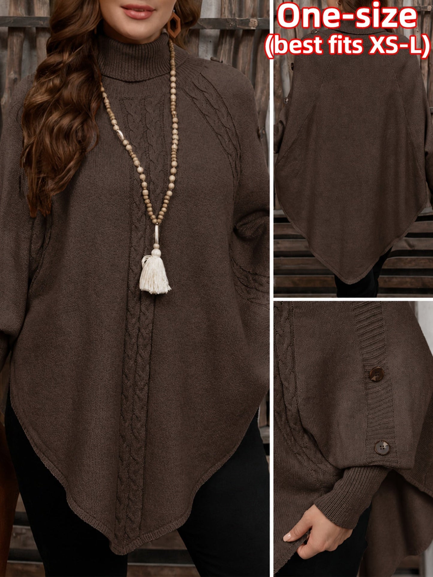 Poncho da donna, pullover a collo alto in maglia, casual, con bottoni e motivo a trecce