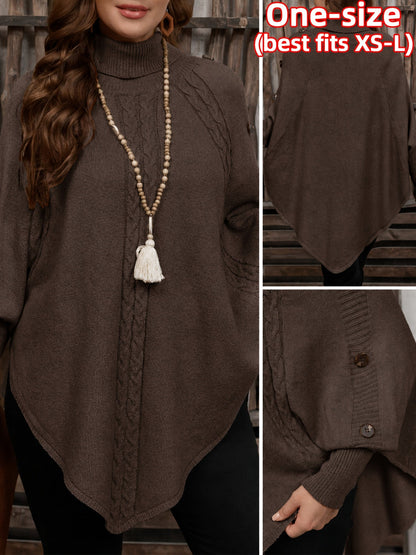 Poncho da donna, pullover a collo alto in maglia, casual, con bottoni e motivo a trecce