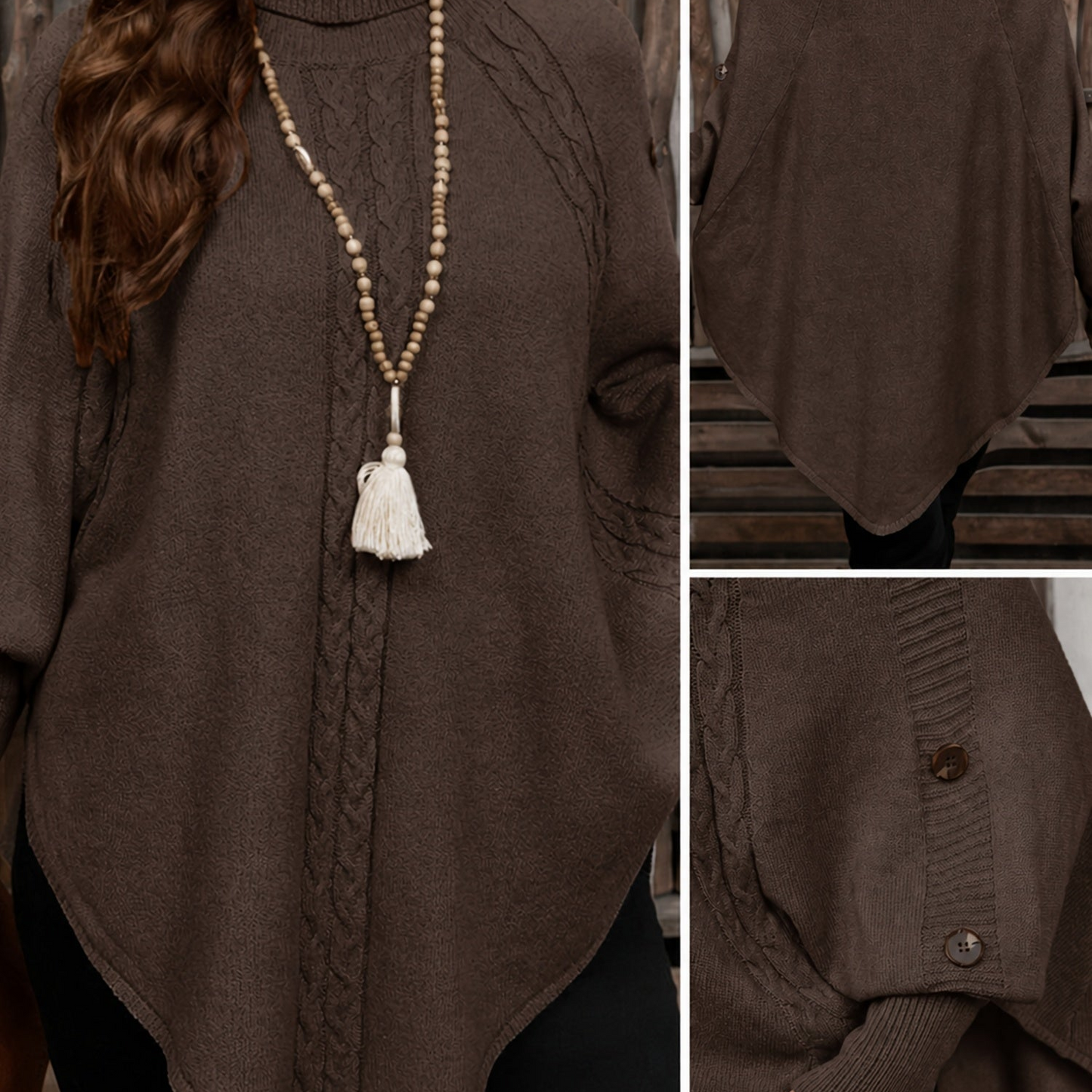 Poncho da donna, pullover a collo alto in maglia, casual, con bottoni e motivo a trecce
