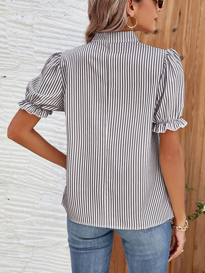 Damen Streifenbluse mit Puffärmeln und Stehkragen – Modische Freizeitbluse für Frühling und Sommer