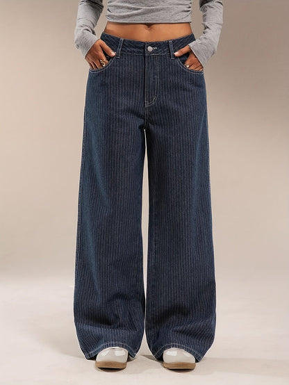 Jeans donna a gamba larga, gessato blu scuro