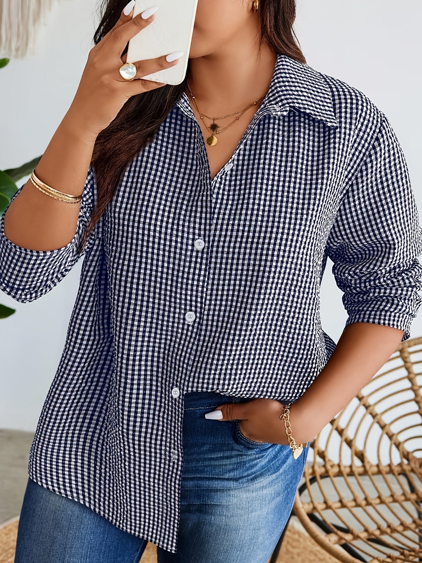 Chemise décontractée à carreaux pour femme style Vichy – Blouse décontractée pour le quotidien et le bureau