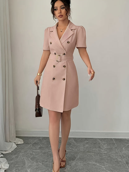 Abito blazer elegante da donna a maniche corte con cintura e doppia fila di bottoni – Business e occasioni