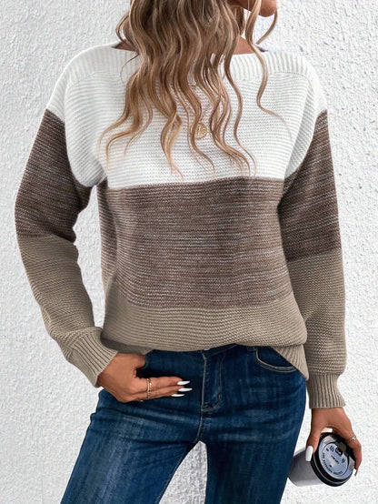 Damski sweter dziany w designie colorblock – Elegancki look na czas wolny na jesień i zimę