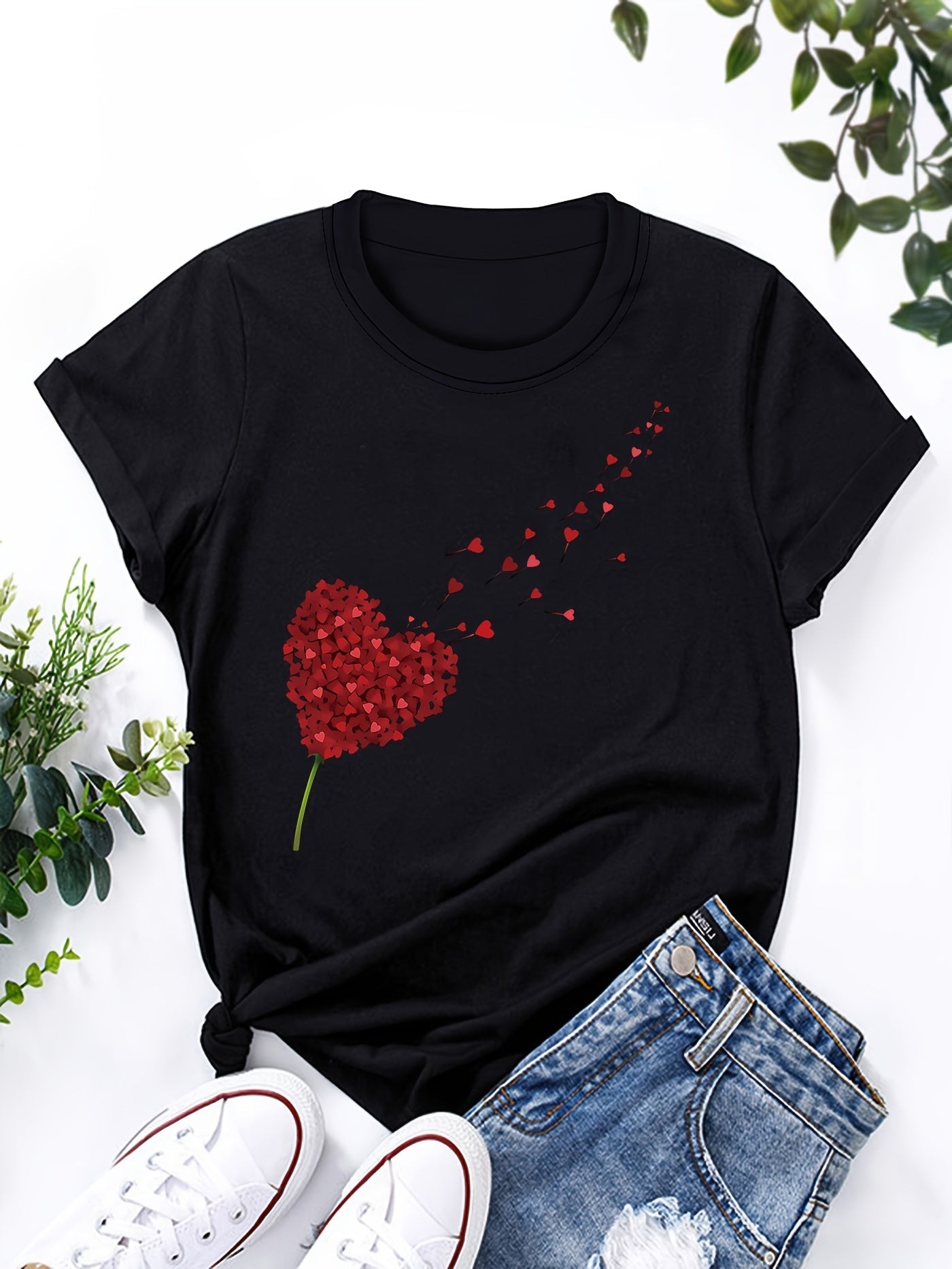 Dame T-shirt med hjerte-motiv – afslappet stil til hverdag og fritid