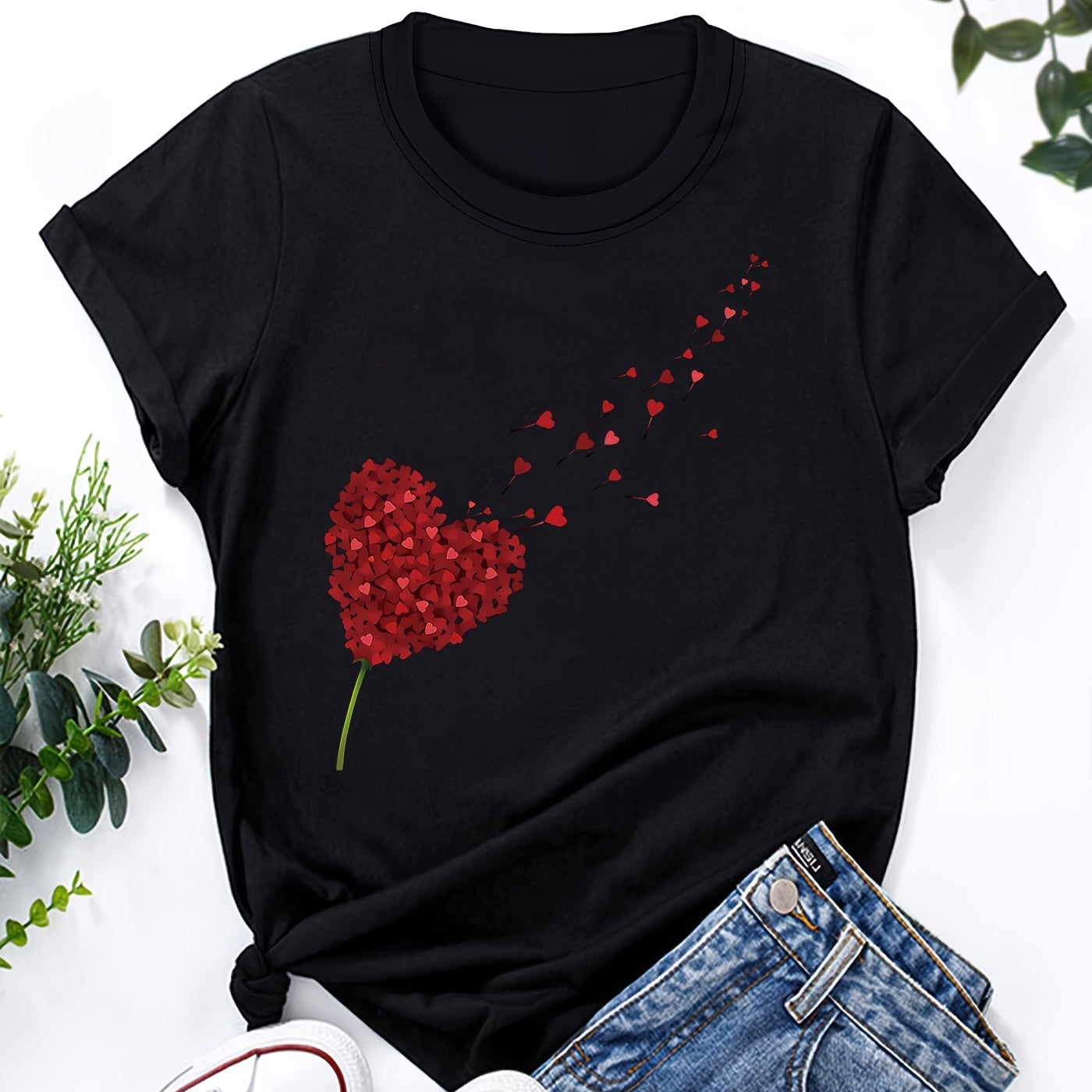 Dame T-shirt med hjerte-motiv – afslappet stil til hverdag og fritid