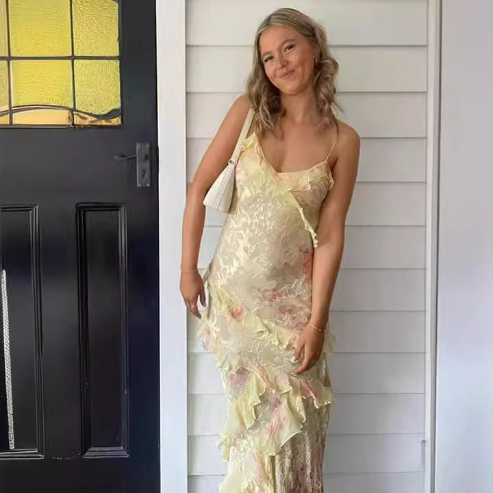 Robe longue bohème femme pour plage et été – Robe élégante sans manches à volants pour occasions spéciales