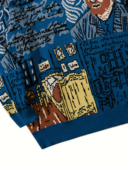 Pullover in maglia con scollo rotondo e motivo artistico blu