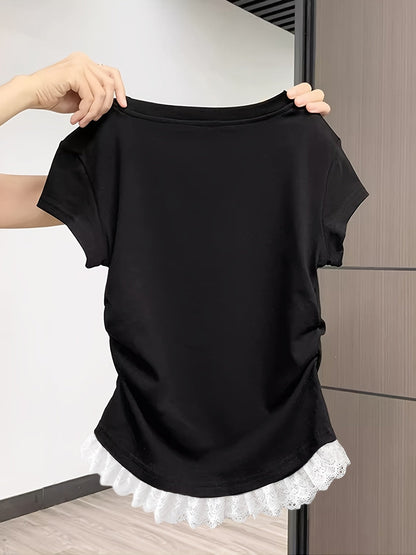 Camiseta de manga corta para mujer con fruncido y encaje – Básico de moda para el día a día y el tiempo libre