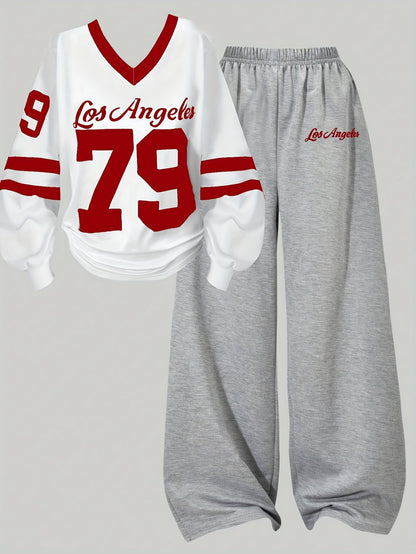 Zweiteiler Loungewear Set mit "Los Angeles" Print, weißes Shirt & graue Hose