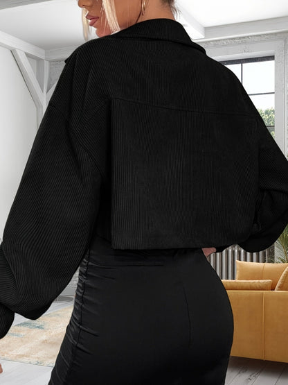 Damen Kurzjacke Rippstrick Cropped Jacke mit Knopfleiste & Brusttaschen