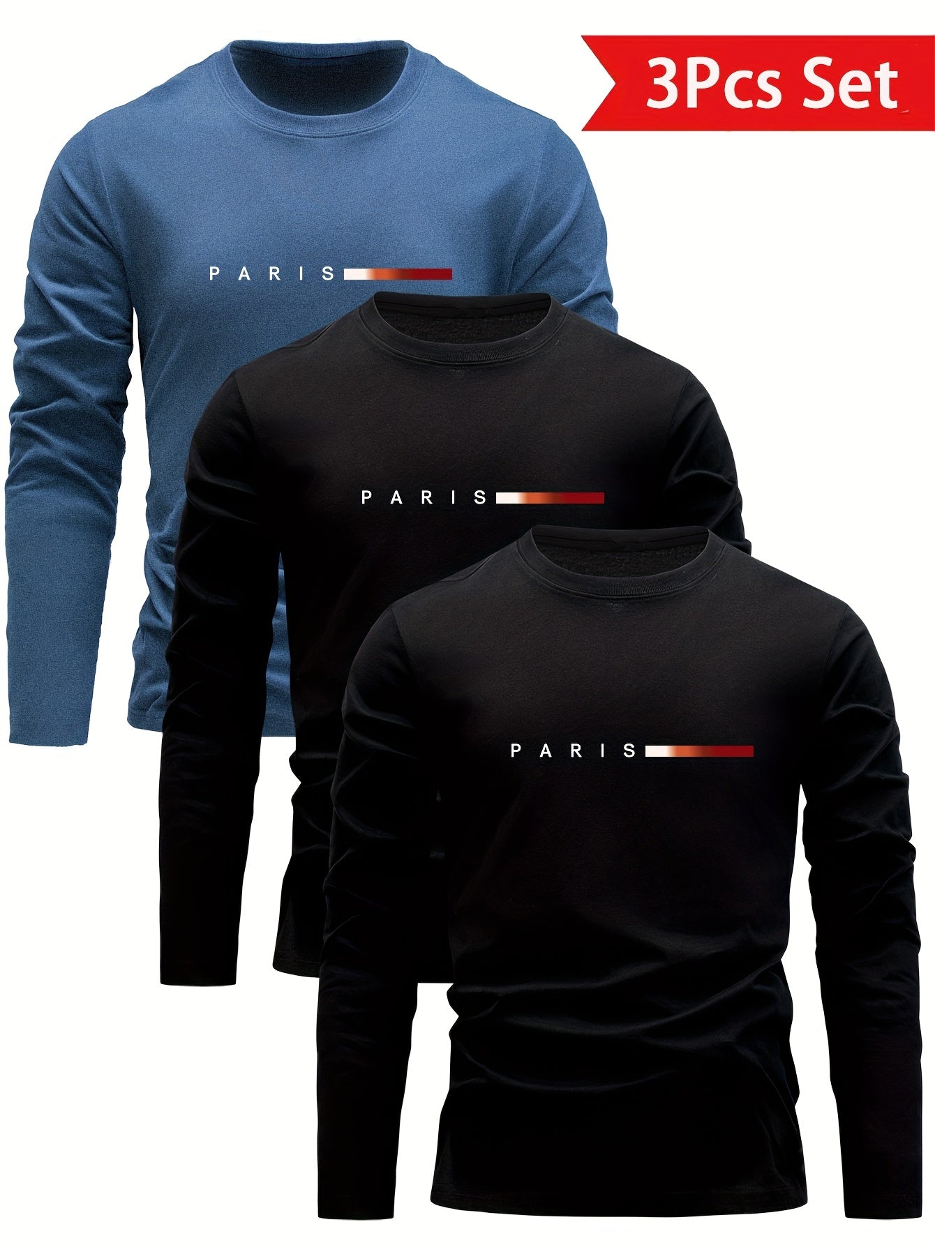 Herren Langarmshirt 3er-Set mit Rundhalsausschnitt und „Paris“-Druck