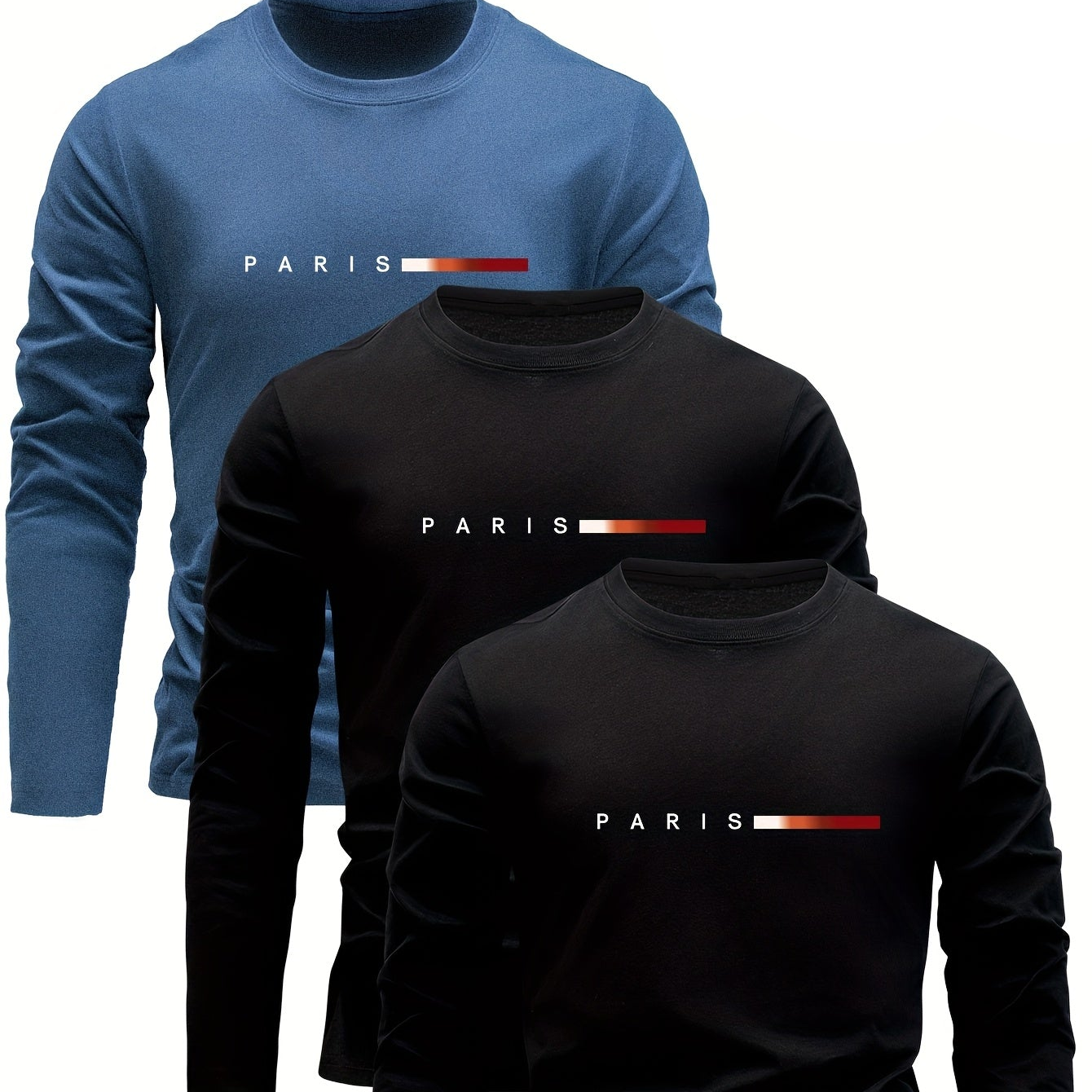 Herren Langarmshirt 3er-Set mit Rundhalsausschnitt und „Paris“-Druck