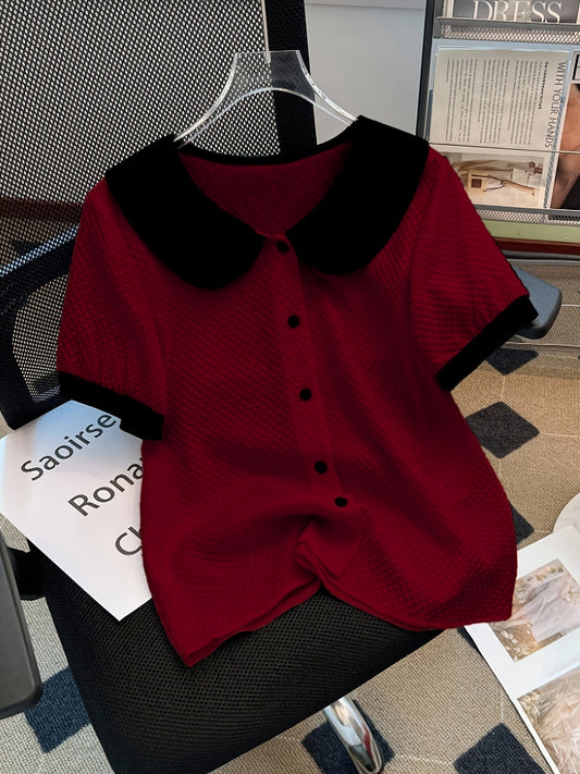 Dame elegant bluse med kontrastkrage og knappestolpe – Klassisk for kontor og hverdag