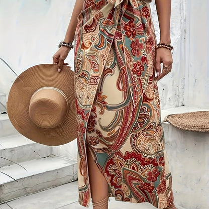 Dame Boho Maxinederdel med slå-om-look Vintage Paisley Sommerkjole til ferie og strand