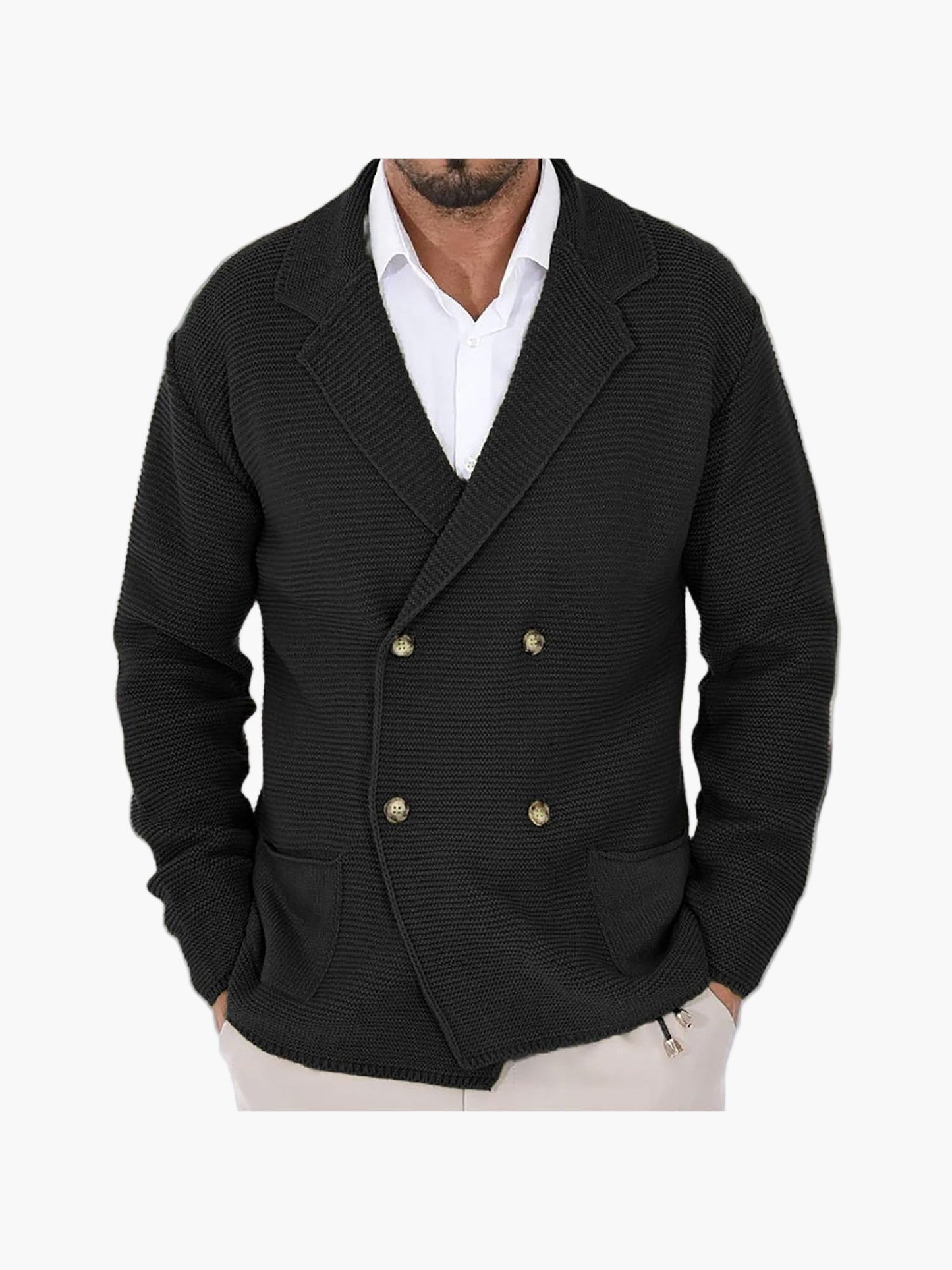 Herre Strikjakke med reverskrave og dobbeltradet knaplukning – Elegant casual-stil til hverdag og kontor