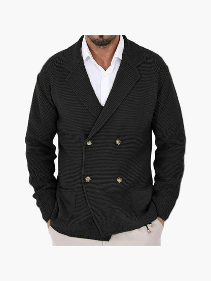 Herre Strikjakke med reverskrave og dobbeltradet knaplukning – Elegant casual-stil til hverdag og kontor