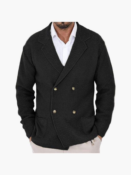 Herre Strikjakke med reverskrave og dobbeltradet knaplukning – Elegant casual-stil til hverdag og kontor