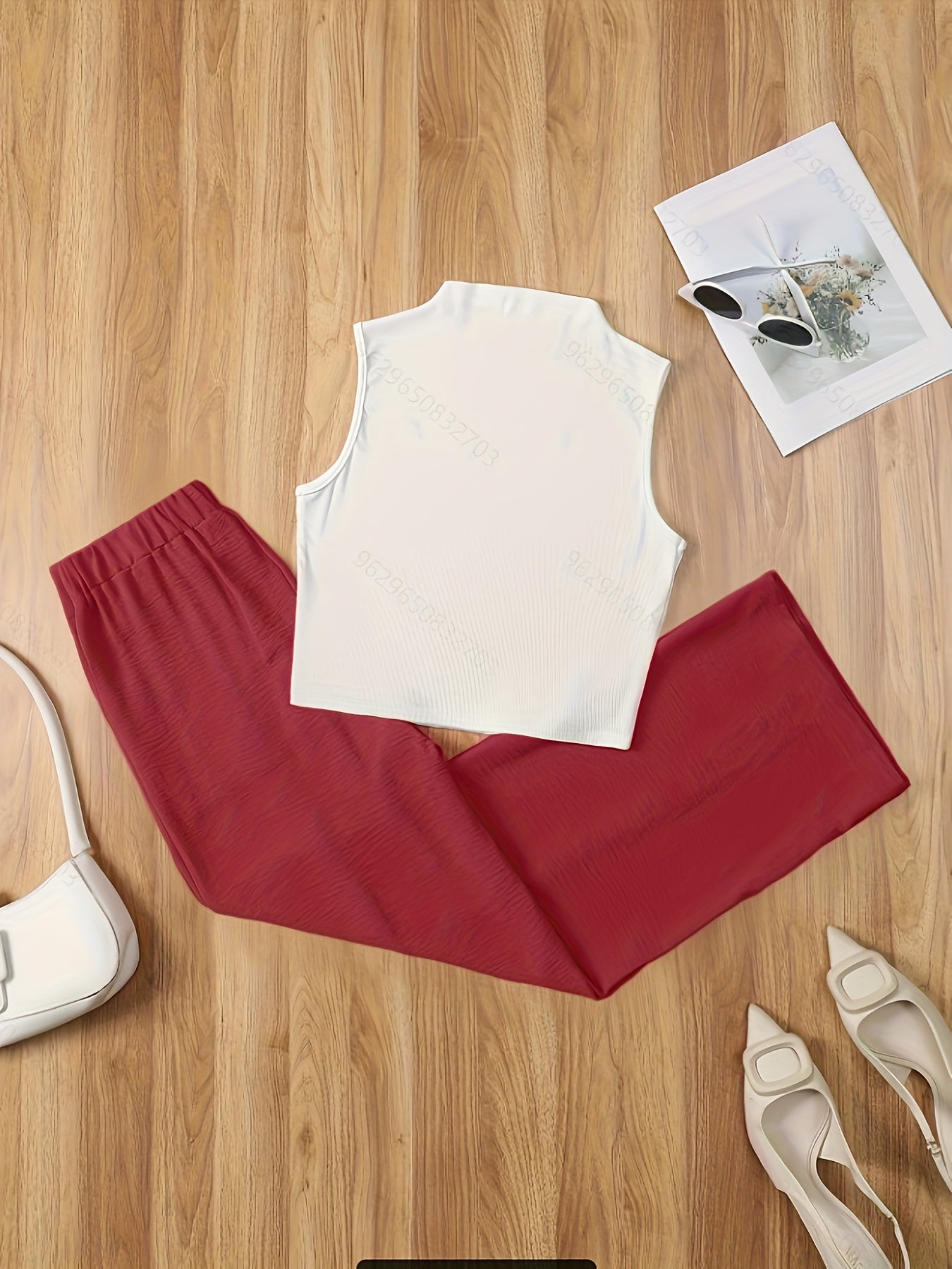 Set elegante da donna – Top senza maniche con collo alto e pantaloni ampi per primavera ed estate