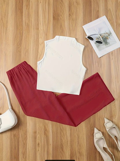Set elegante da donna – Top senza maniche con collo alto e pantaloni ampi per primavera ed estate