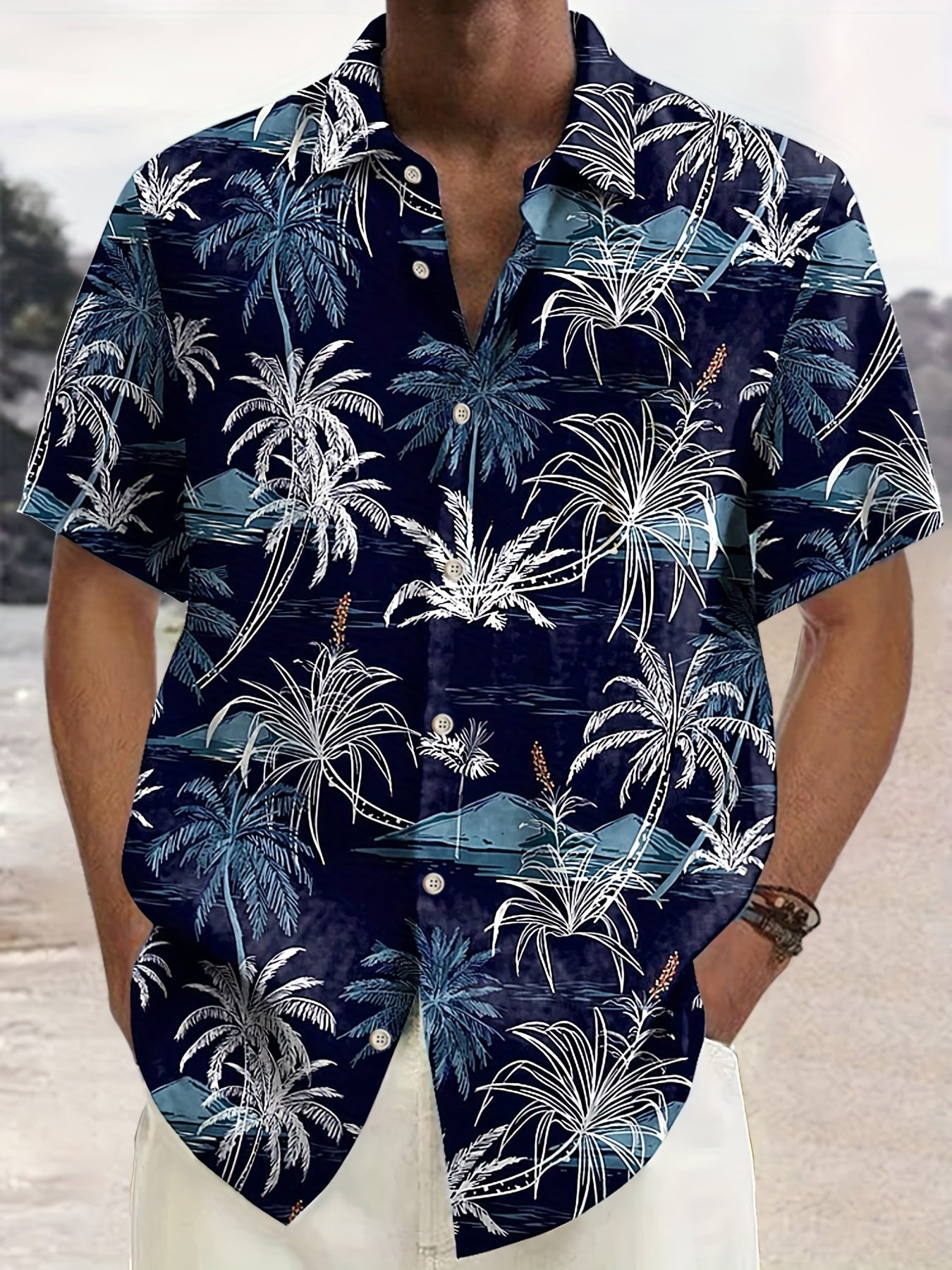 Camicia uomo a maniche corte con stampa tropicale di palme – Camicia estiva perfetta per vacanze e spiaggia