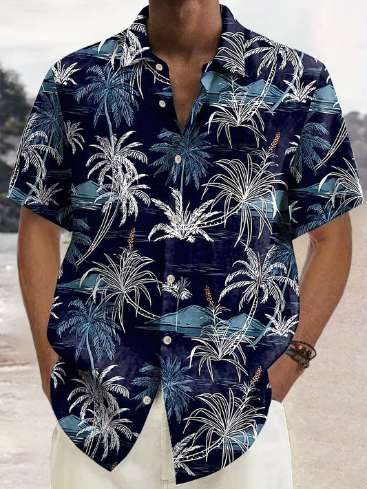 Heren kortarm vrijetijdshemd met tropische palmprint – Perfect zomershirt voor vakantie & strand