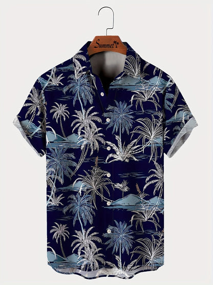 Camicia uomo a maniche corte con stampa tropicale di palme – Camicia estiva perfetta per vacanze e spiaggia