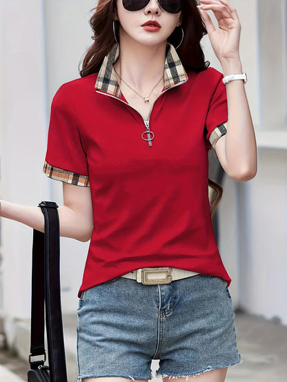 Polo casual da donna con zip e motivo a quadri – Maglia da tempo libero alla moda con collo con cerniera
