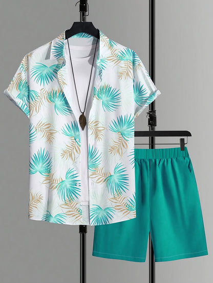 Ensemble d'été homme Chemise décontractée à imprimé tropical et short – Parfait pour la plage et les vacances