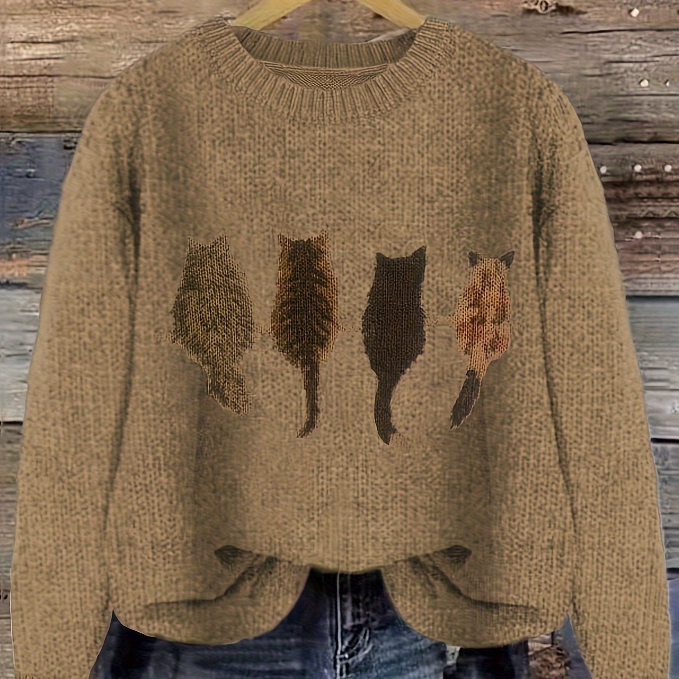Damen Strickpullover mit Rundhalsausschnitt und Katzen-Print