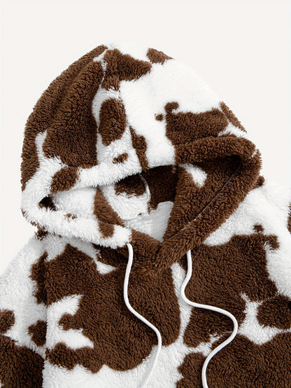 Unisex Teddy Fleece Hoodie mit Kapuze und Kuhfleckenmuster