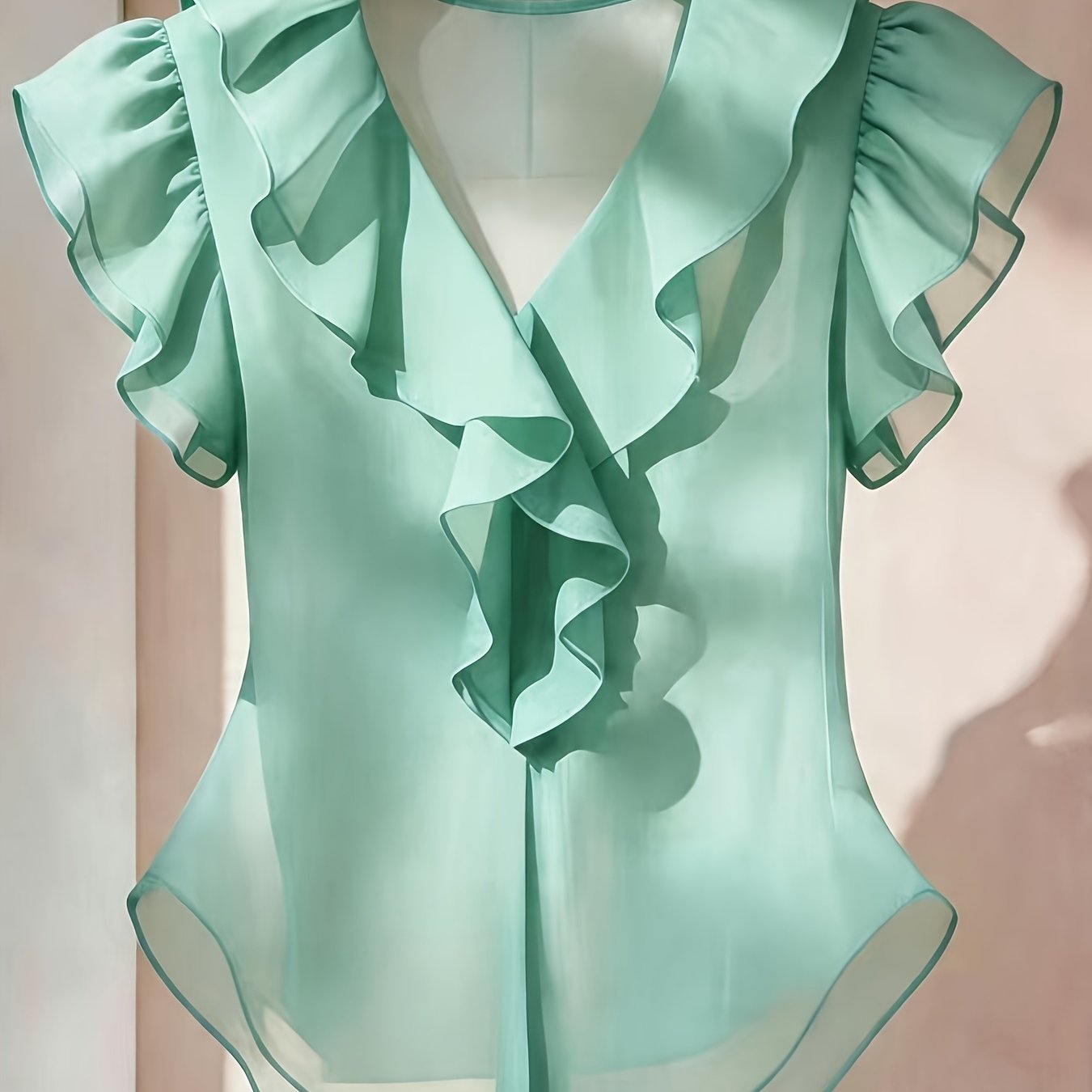 Damevolantbluse med V-hals og volanger – Elegant chiffongbluse for kontor og kveld