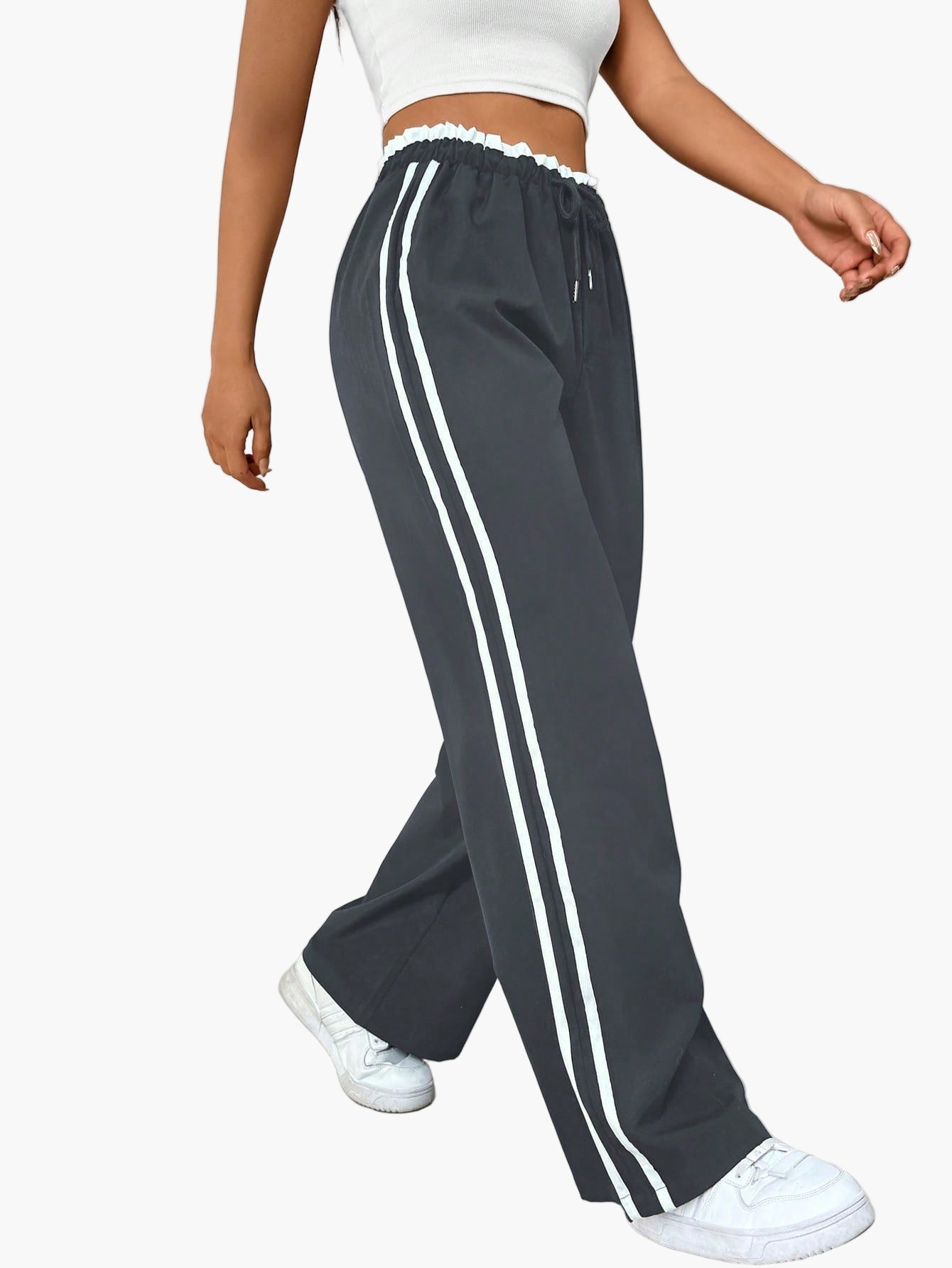 Pantaloni da jogging sportivi da donna a gamba larga con doppia riga – Pantaloni streetwear comodi per il tempo libero