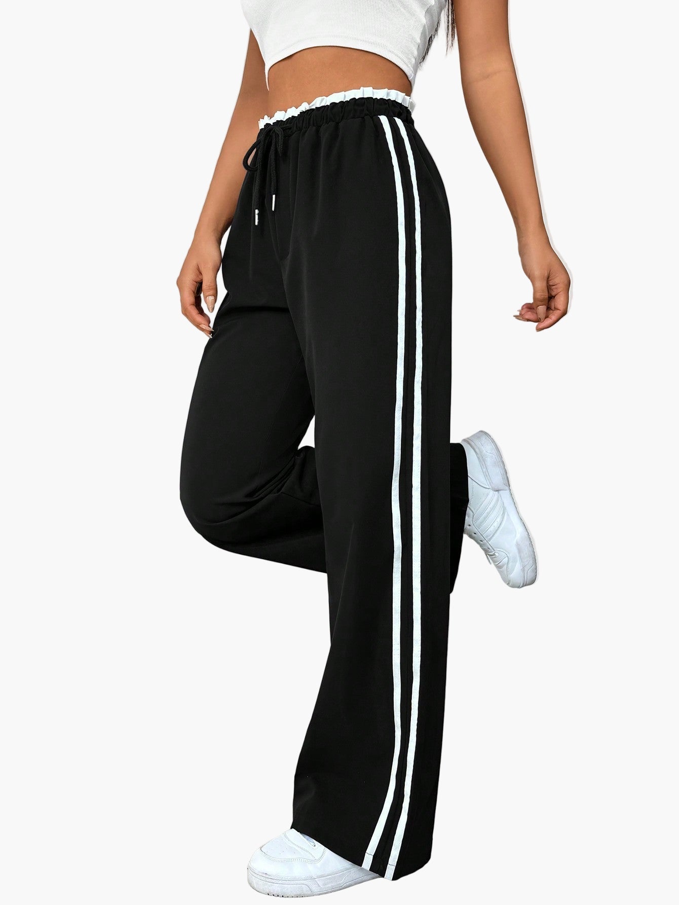 Pantaloni da jogging sportivi da donna a gamba larga con doppia riga – Pantaloni streetwear comodi per il tempo libero