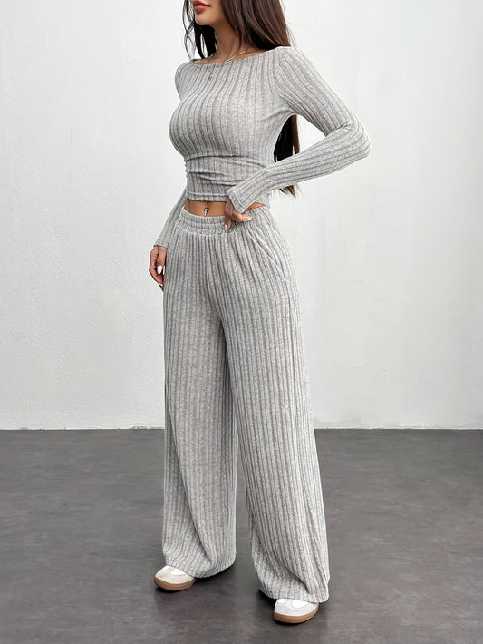 Ensemble de vêtements d’intérieur côtelés pour femme, crop top à manches longues et pantalon large, gris