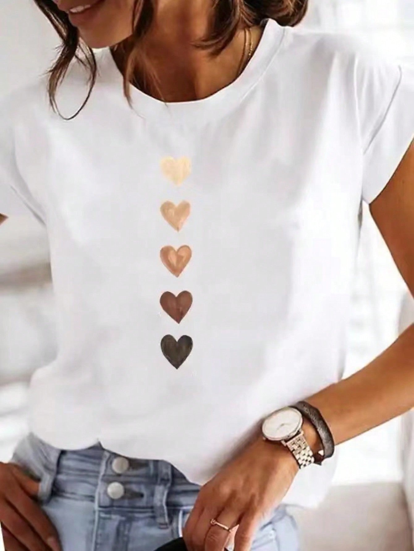 Dames T-shirt met hartprint en moderne vrijetijdslook – Perfect voor vakantie & dagelijks gebruik