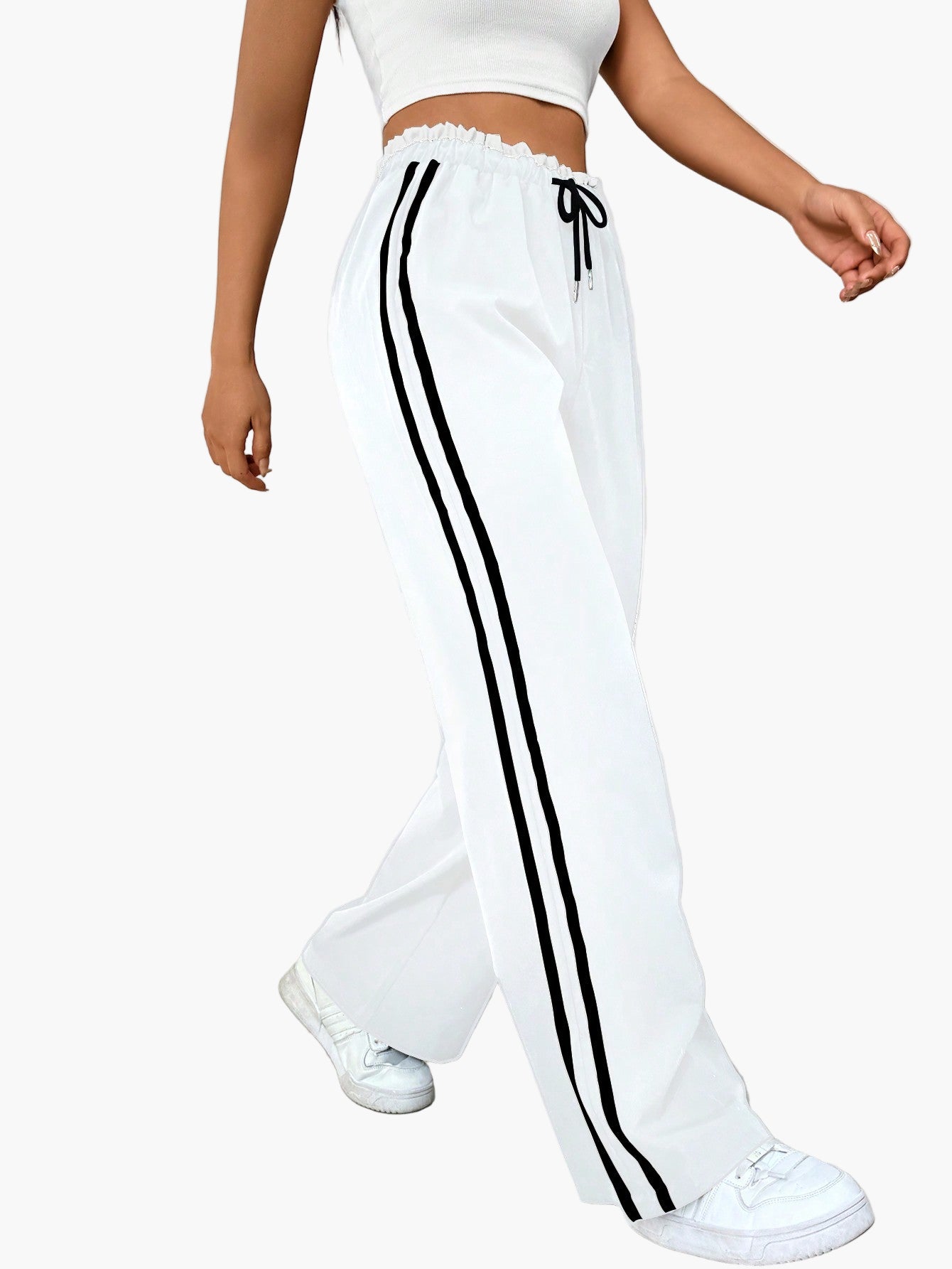 Pantaloni da jogging sportivi da donna a gamba larga con doppia riga – Pantaloni streetwear comodi per il tempo libero