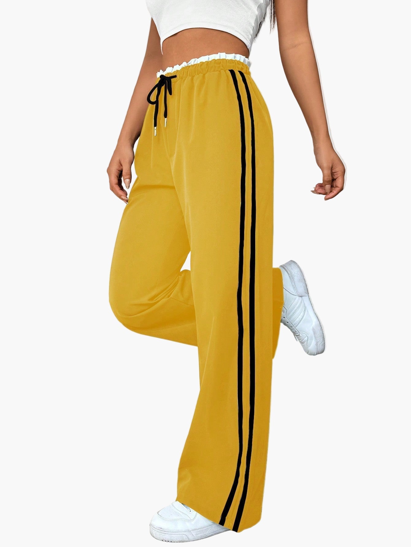 Pantaloni da jogging sportivi da donna a gamba larga con doppia riga – Pantaloni streetwear comodi per il tempo libero