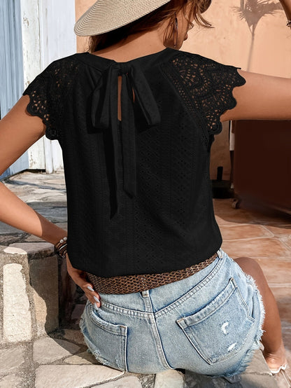 Damen Spitzenbluse mit Rückenschleife und Häkelärmeln – Sommer Casual Oberteil
