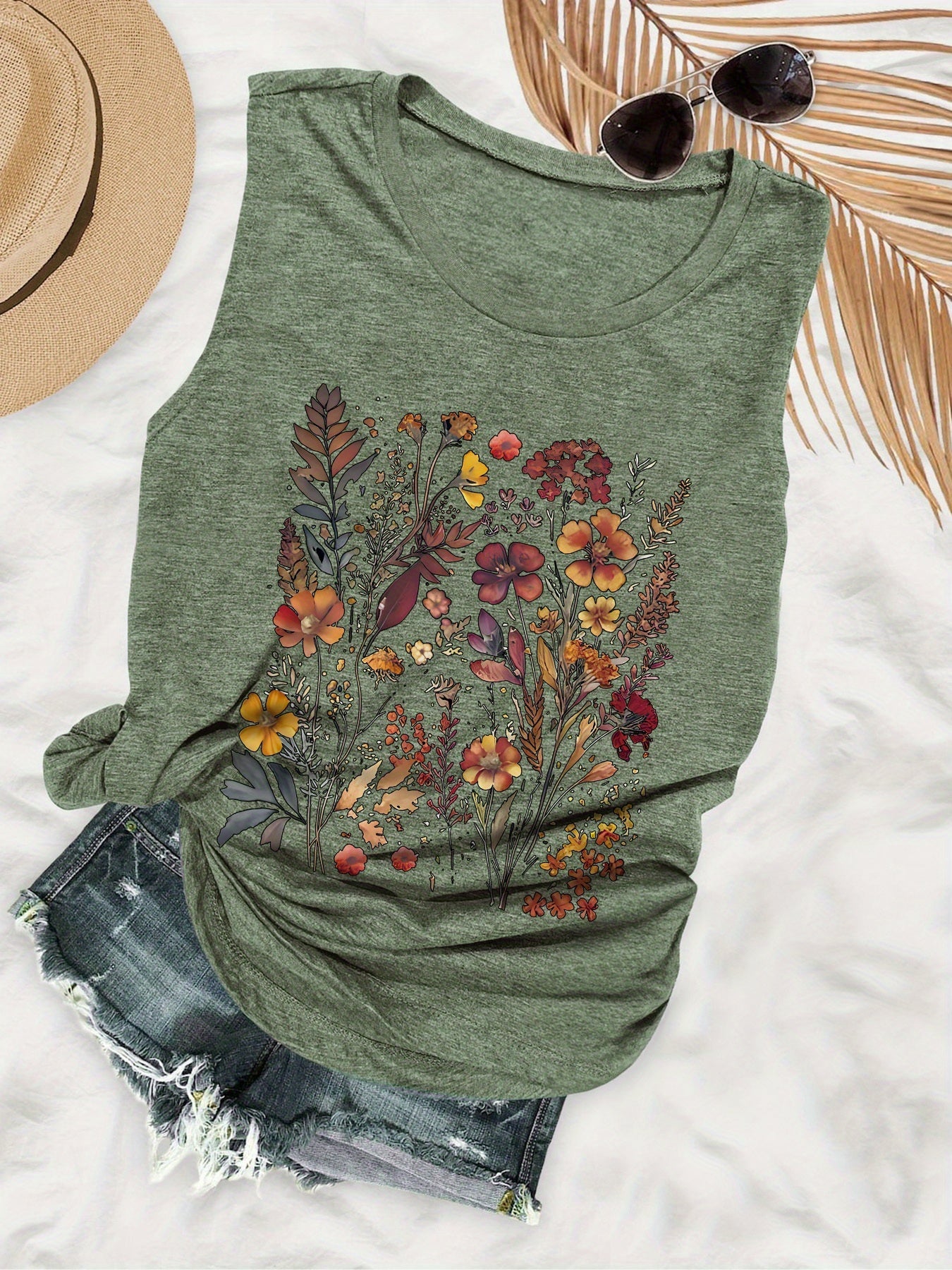 Camiseta sin mangas de verano para mujer con estampado floral, estilo casual, ideal para el día a día y las vacaciones