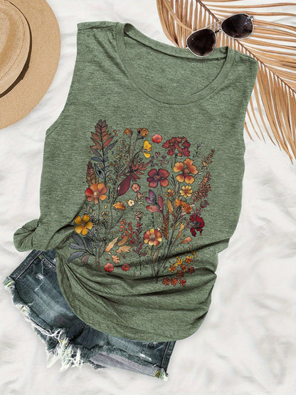 Camiseta sin mangas de verano para mujer con estampado floral, estilo casual, ideal para el día a día y las vacaciones