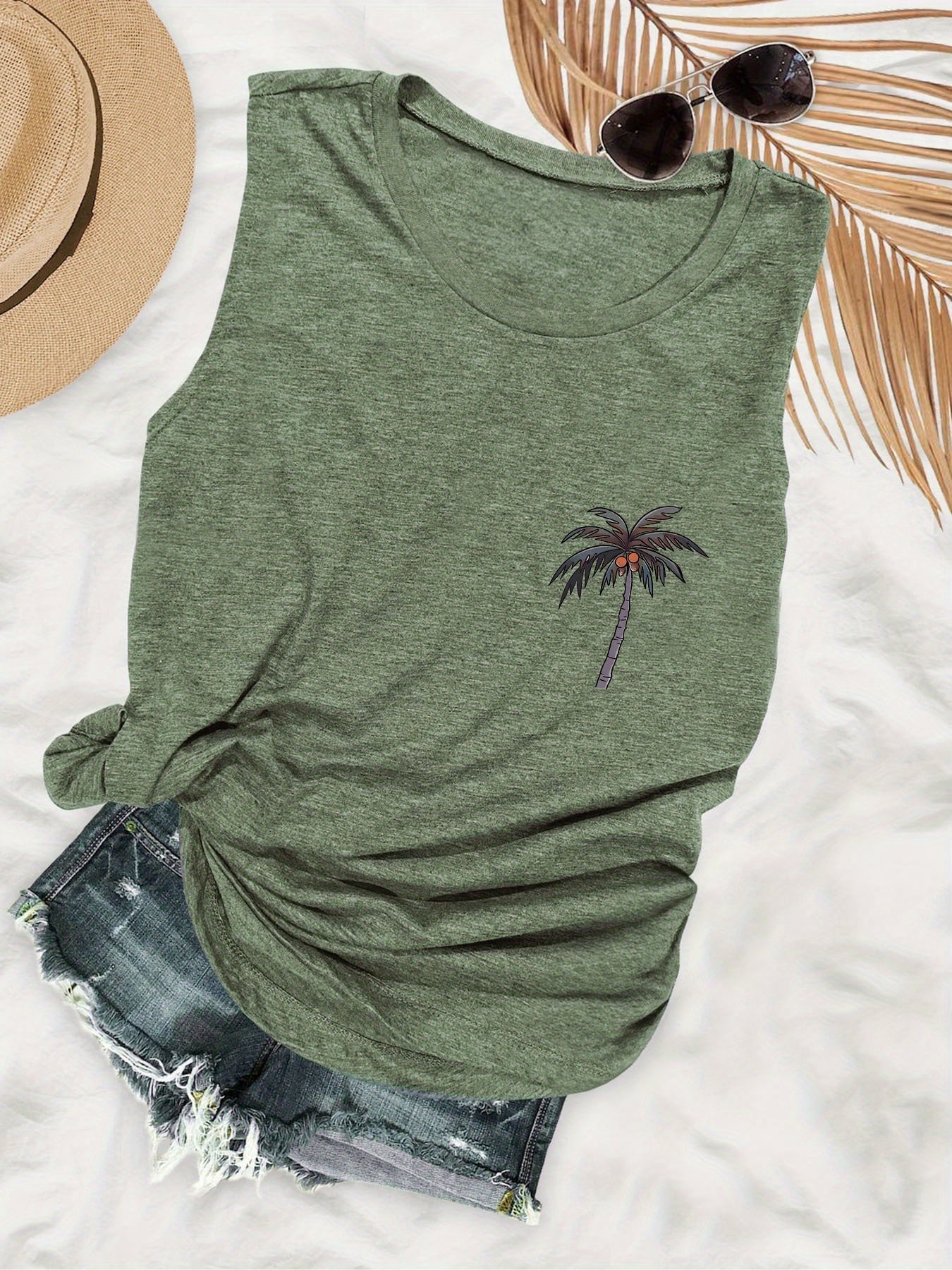 Dames vakantie tanktop met palmprint – casual mouwloos zomershirt