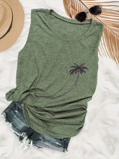 Dames vakantie tanktop met palmprint – casual mouwloos zomershirt
