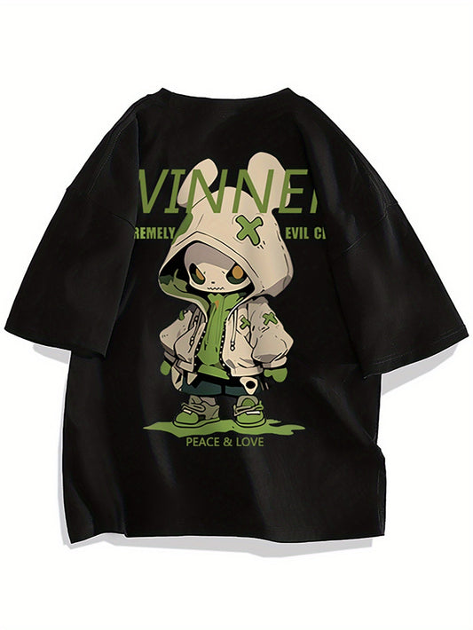 Heren Oversize Streetwear T-shirt met Cartoonafbeelding en Stedelijke Print – Trendy Vrijetijdsshirt