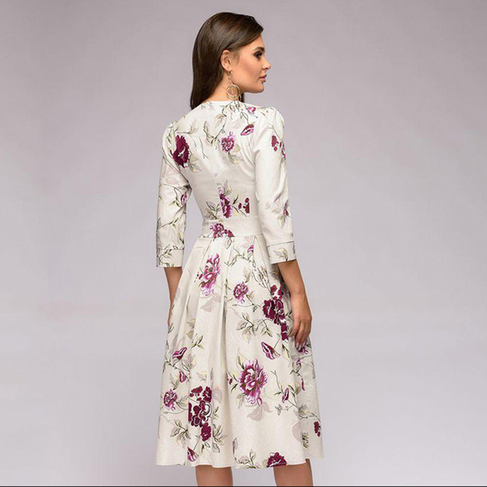 Dames elegante A-lijn jurk met bloemenpatroon en 3/4 mouwen voor feestelijke gelegenheden en dagelijks gebruik