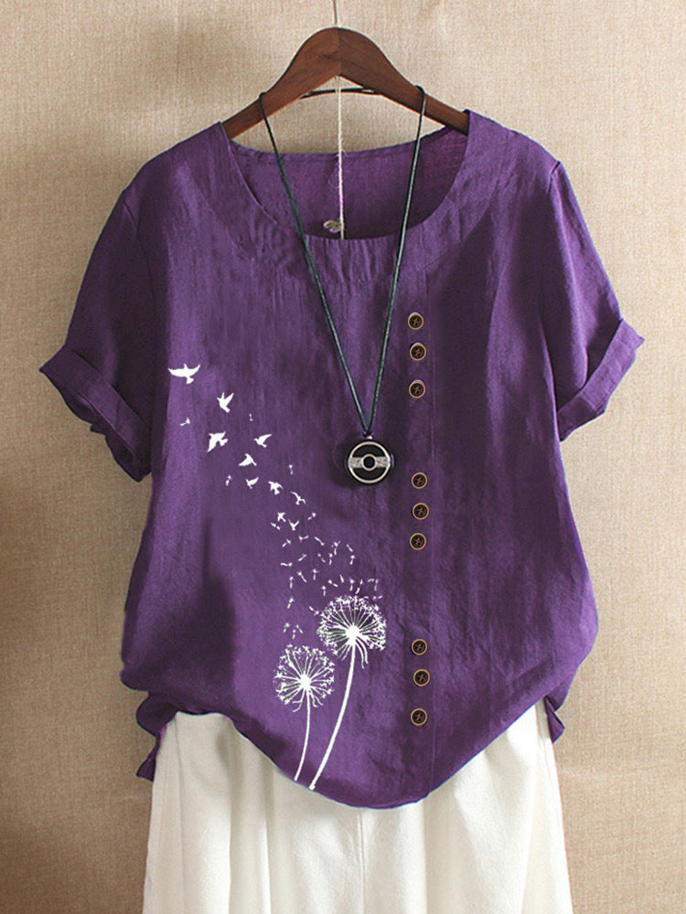 Dame Vintage sommerbluse, kortærmet med rund hals & knaplukning