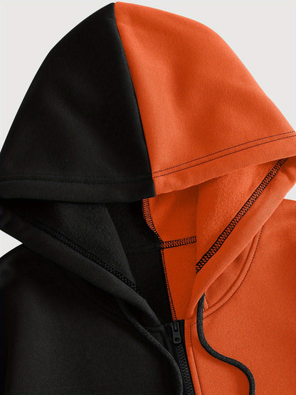 Felpa con cappuccio da uomo, con cerniera, bicolore, con motivo a forma di volto e tasche laterali