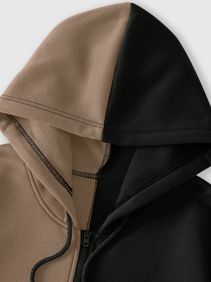Felpa con cappuccio da uomo, con cerniera, bicolore, con motivo a forma di volto e tasche laterali