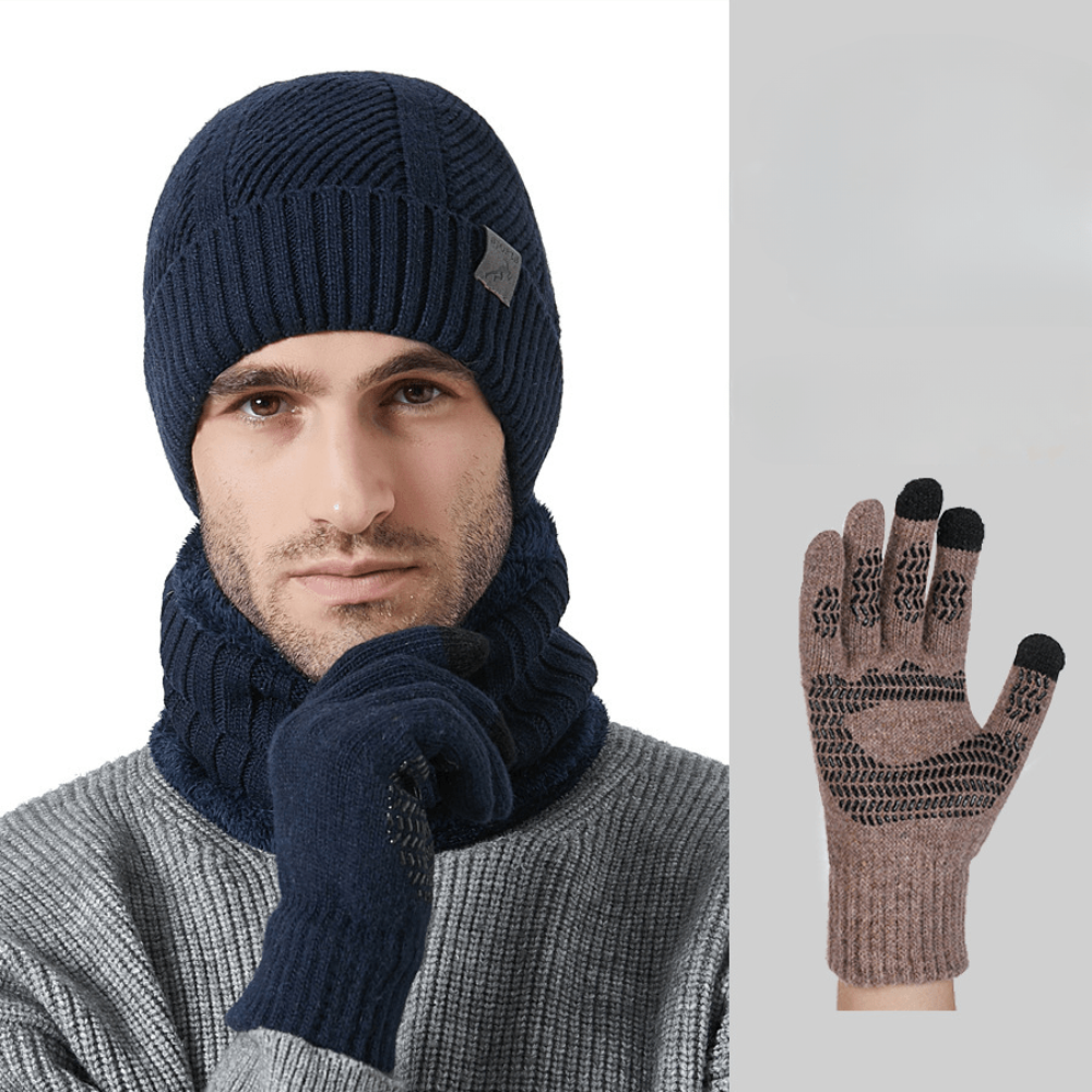 Strickmütze Schal Handschuhe Set Herren Winter Warm Futter